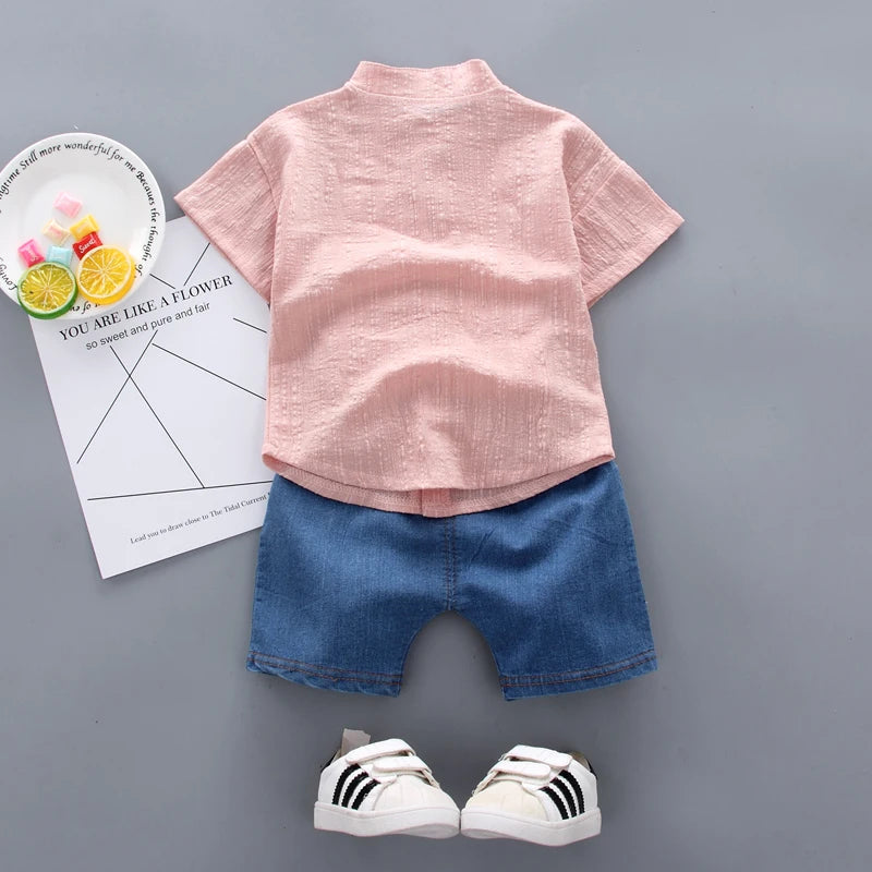 Toddler Boys Summer Cartoon Shirt & Denim Shorts Set