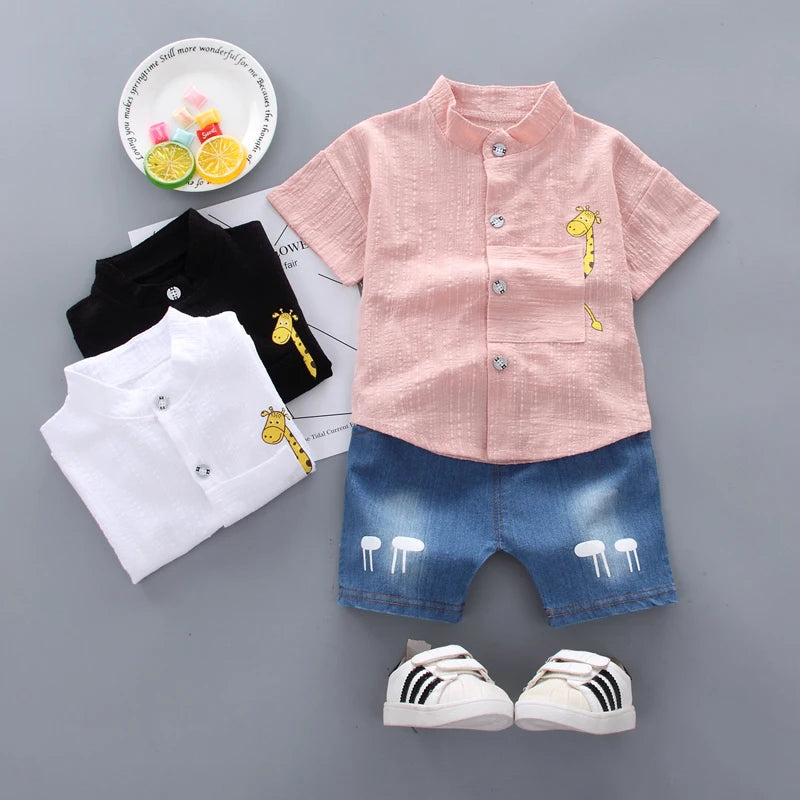Toddler Boys Summer Cartoon Shirt & Denim Shorts Set