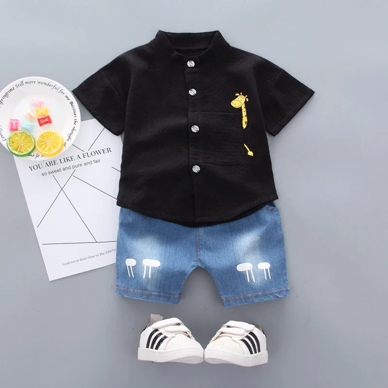 Toddler Boys Summer Cartoon Shirt & Denim Shorts Set
