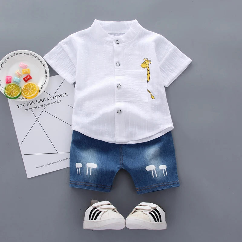 Toddler Boys Summer Cartoon Shirt & Denim Shorts Set