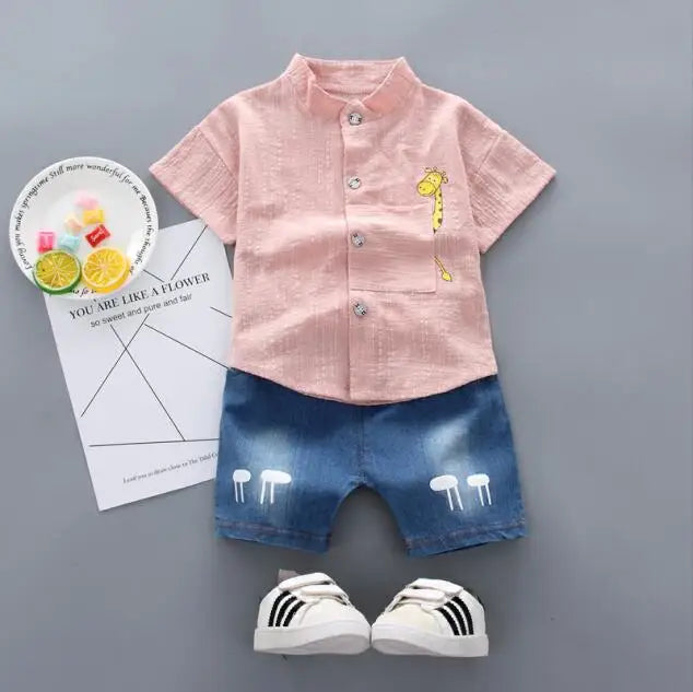 Toddler Boys Summer Cartoon Shirt & Denim Shorts Set