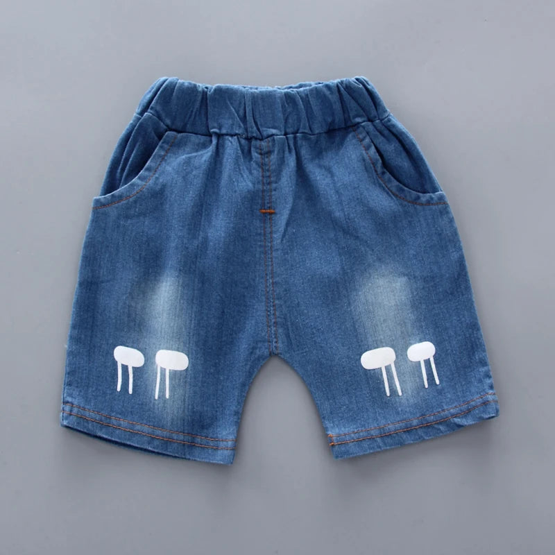 Toddler Boys Summer Cartoon Shirt & Denim Shorts Set