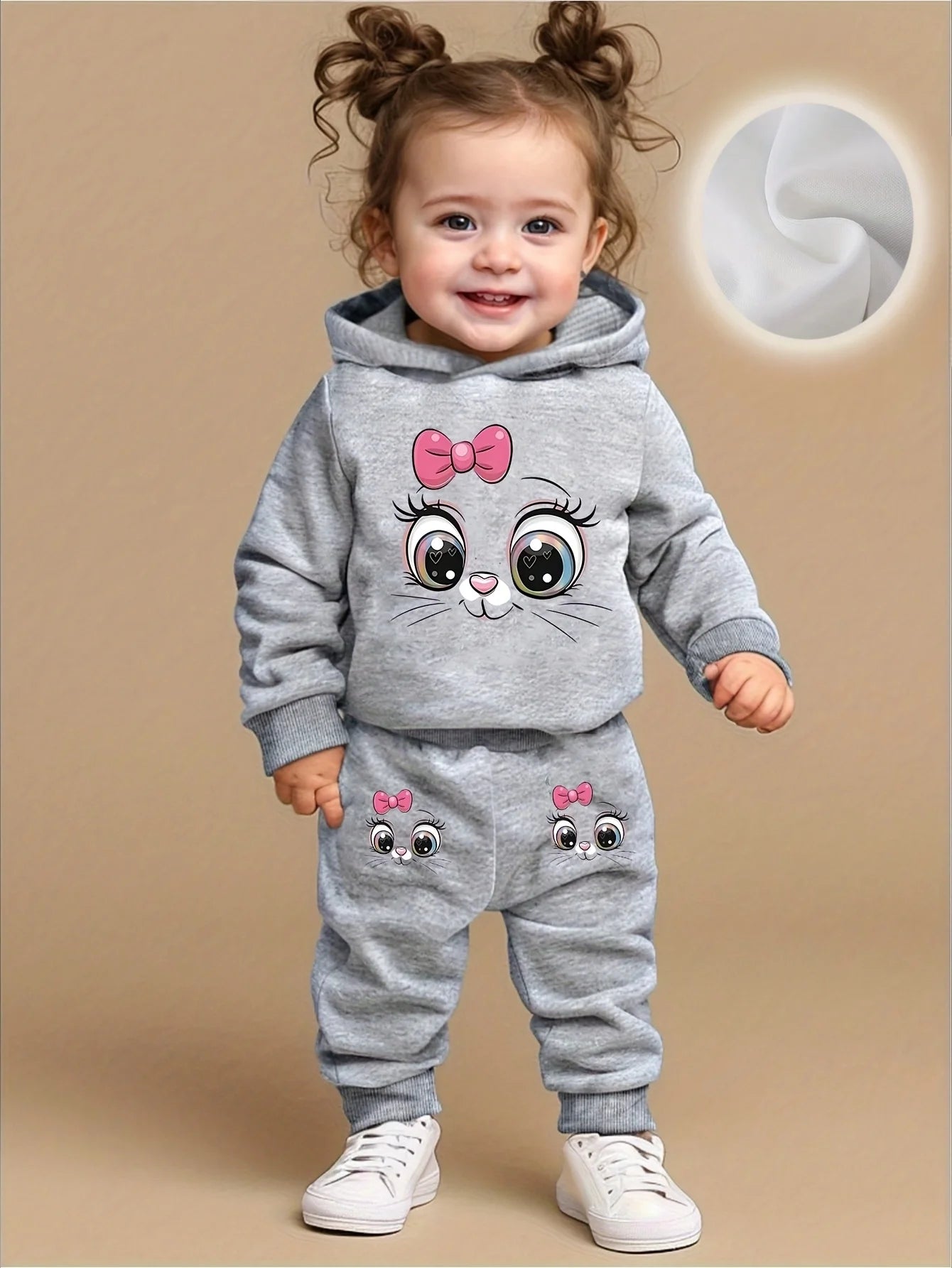 Baby Girl Cartoon Cat Fleece Hoodie & Pants 2-Piece Set