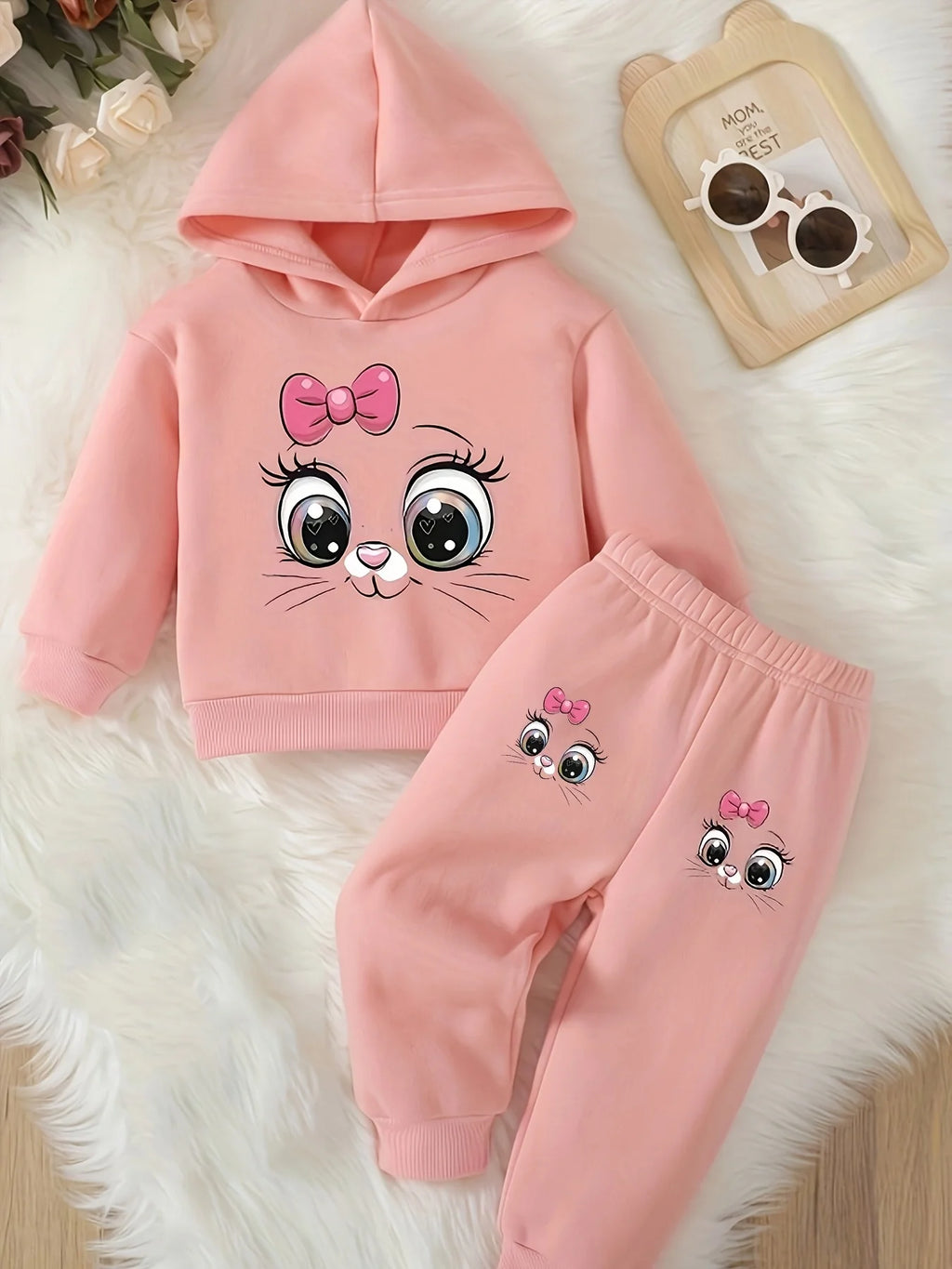 Baby Girl Cartoon Cat Fleece Hoodie & Pants 2-Piece Set