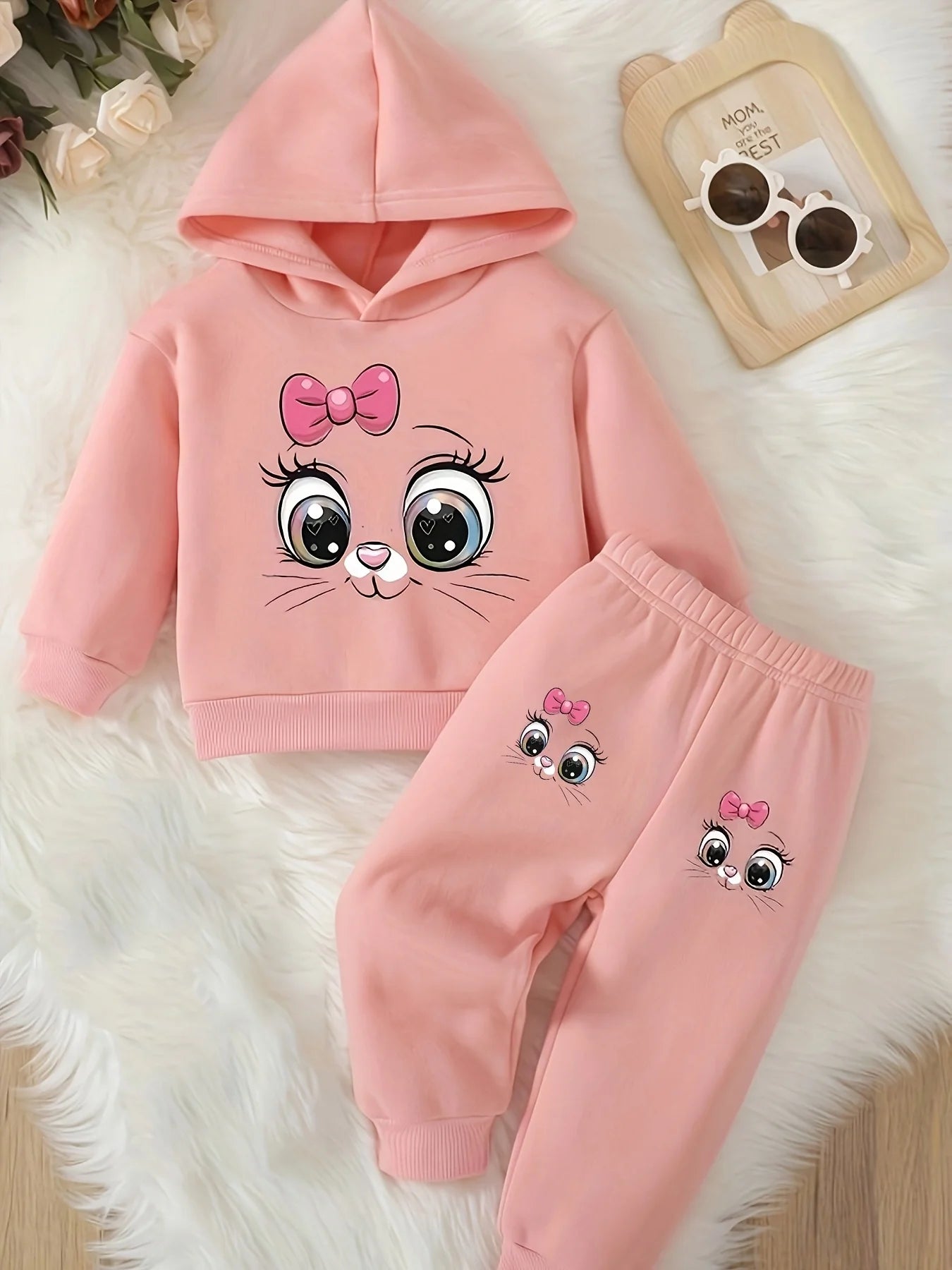 Baby Girl Cartoon Cat Fleece Hoodie & Pants 2-Piece Set