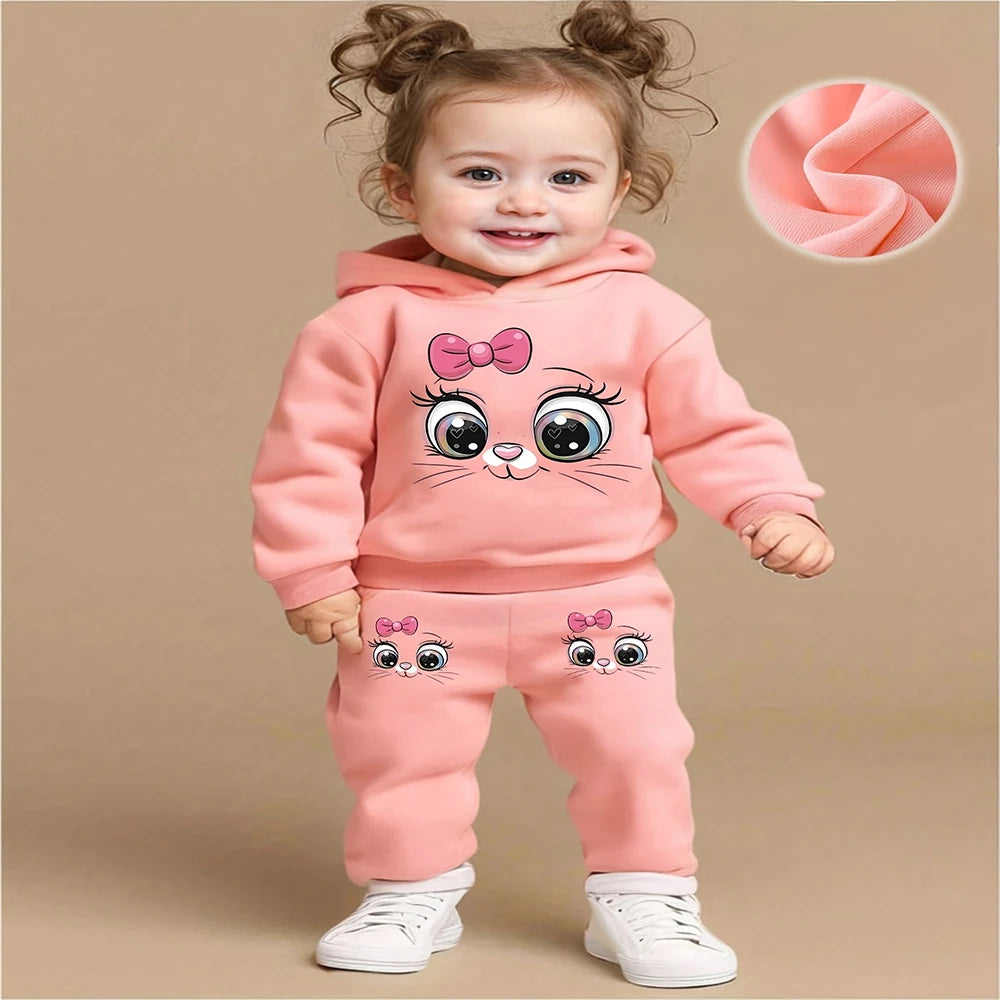 Baby Girl Cartoon Cat Fleece Hoodie & Pants 2-Piece Set