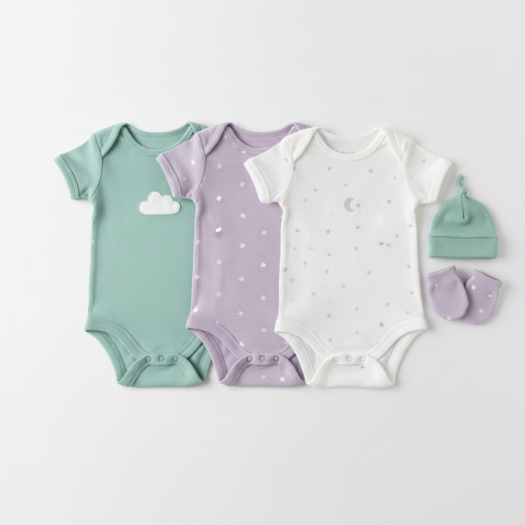 Baby organic cotton onesie set in mint green, lavender, and white pastel colors