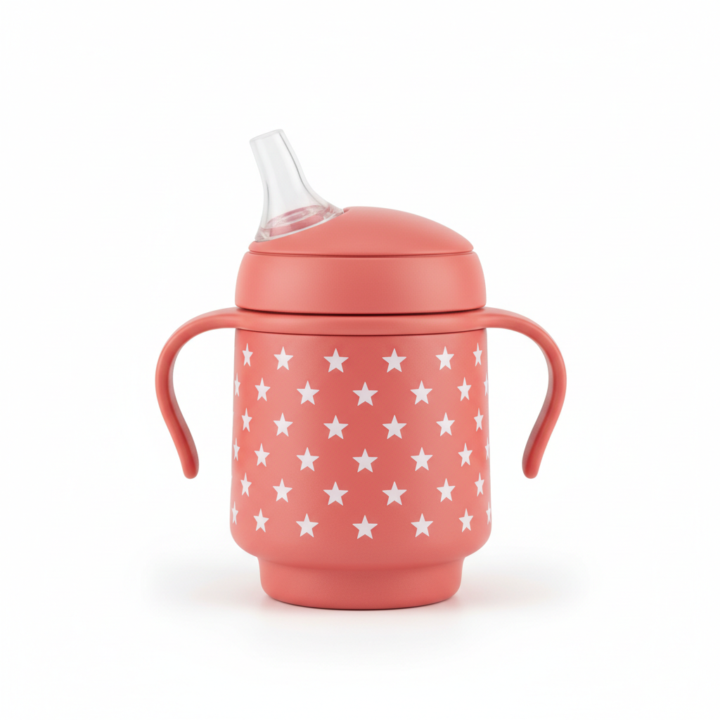 Baby insulated sippy cup in coral pink with star pattern