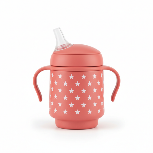 Baby insulated sippy cup in coral pink with star pattern