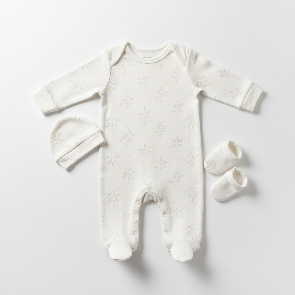 Baby organic cotton onesie in white on white background