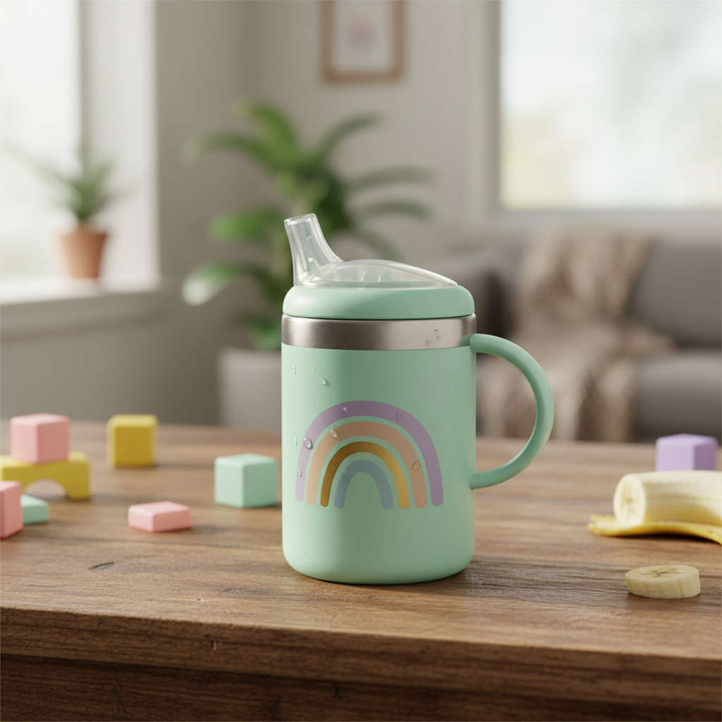 Baby insulated sippy cup in mint green with rainbow design on wooden table