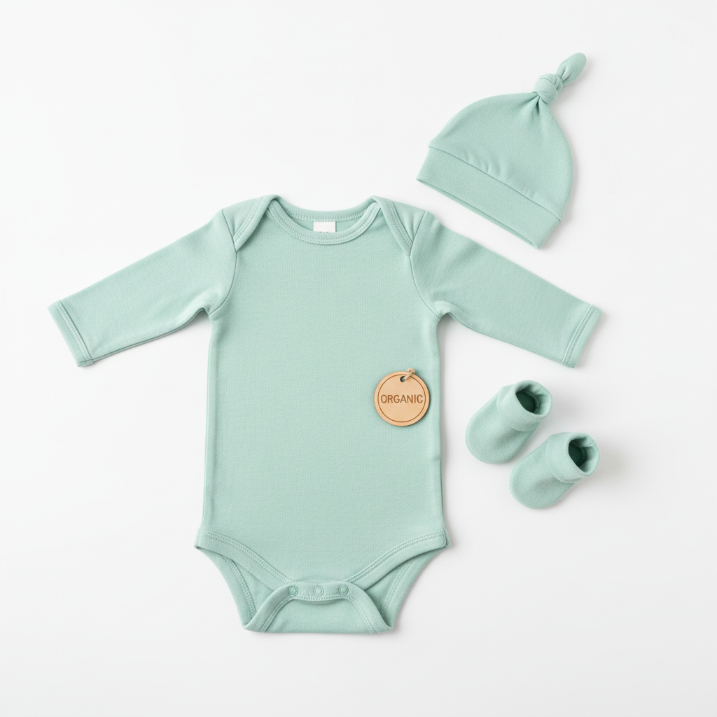 Baby organic cotton onesie in mint green on white background