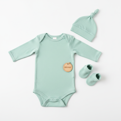 Baby organic cotton onesie in mint green on white background