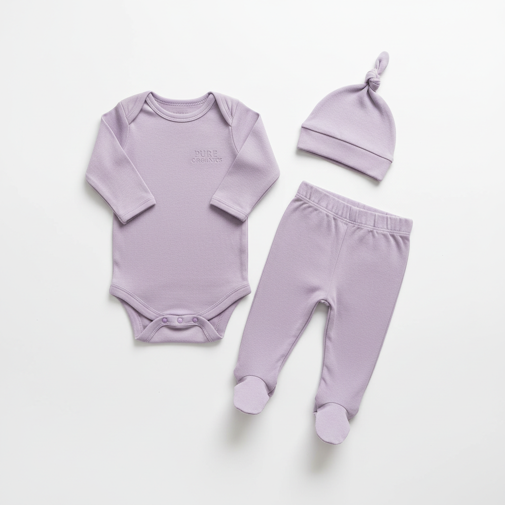 Baby organic cotton onesie in lavender on white background