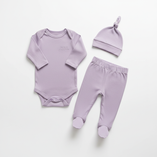 Baby organic cotton onesie in lavender on white background
