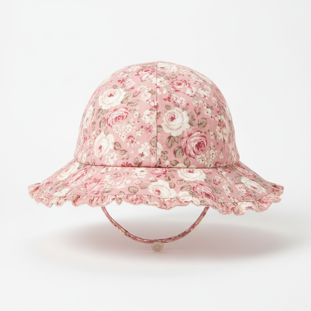 Baby floral sun hat in pink with rose print and chin strap
