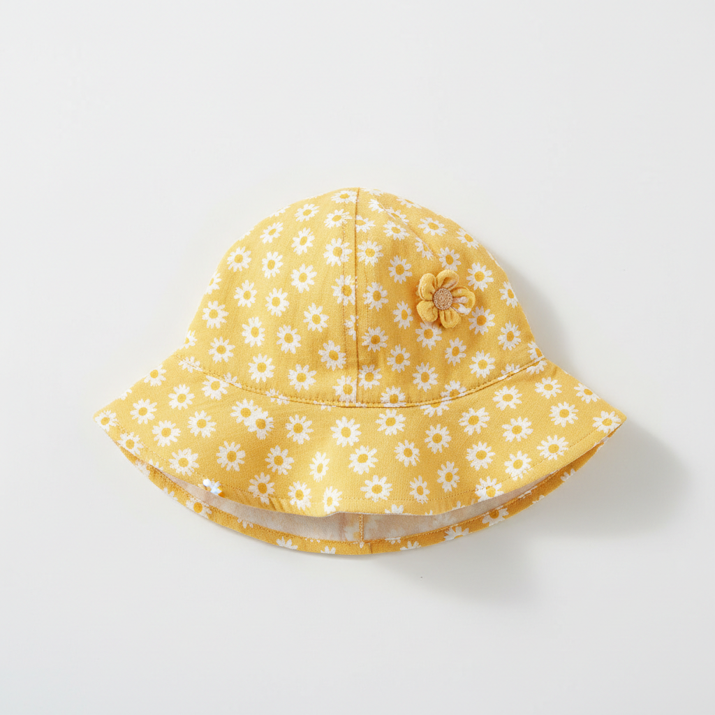 Baby floral sun hat in yellow with daisy pattern, wide brim