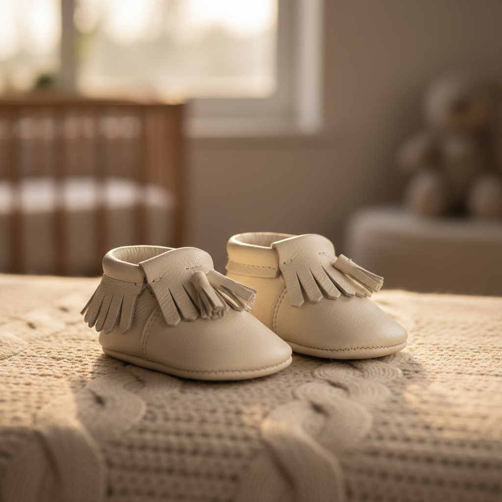 Baby soft-sole leather moccasins in ivory white with fringe detail on blanket