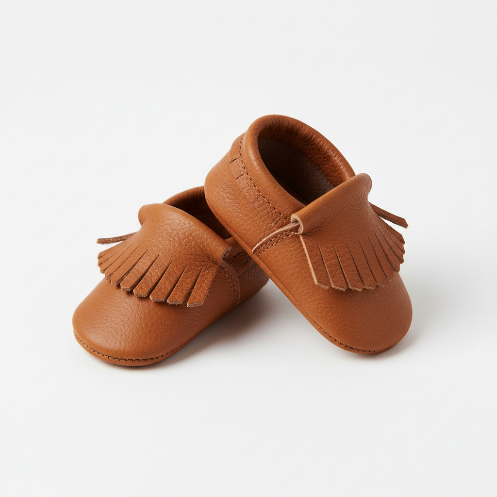 Baby soft-sole leather moccasins in tan brown on white background