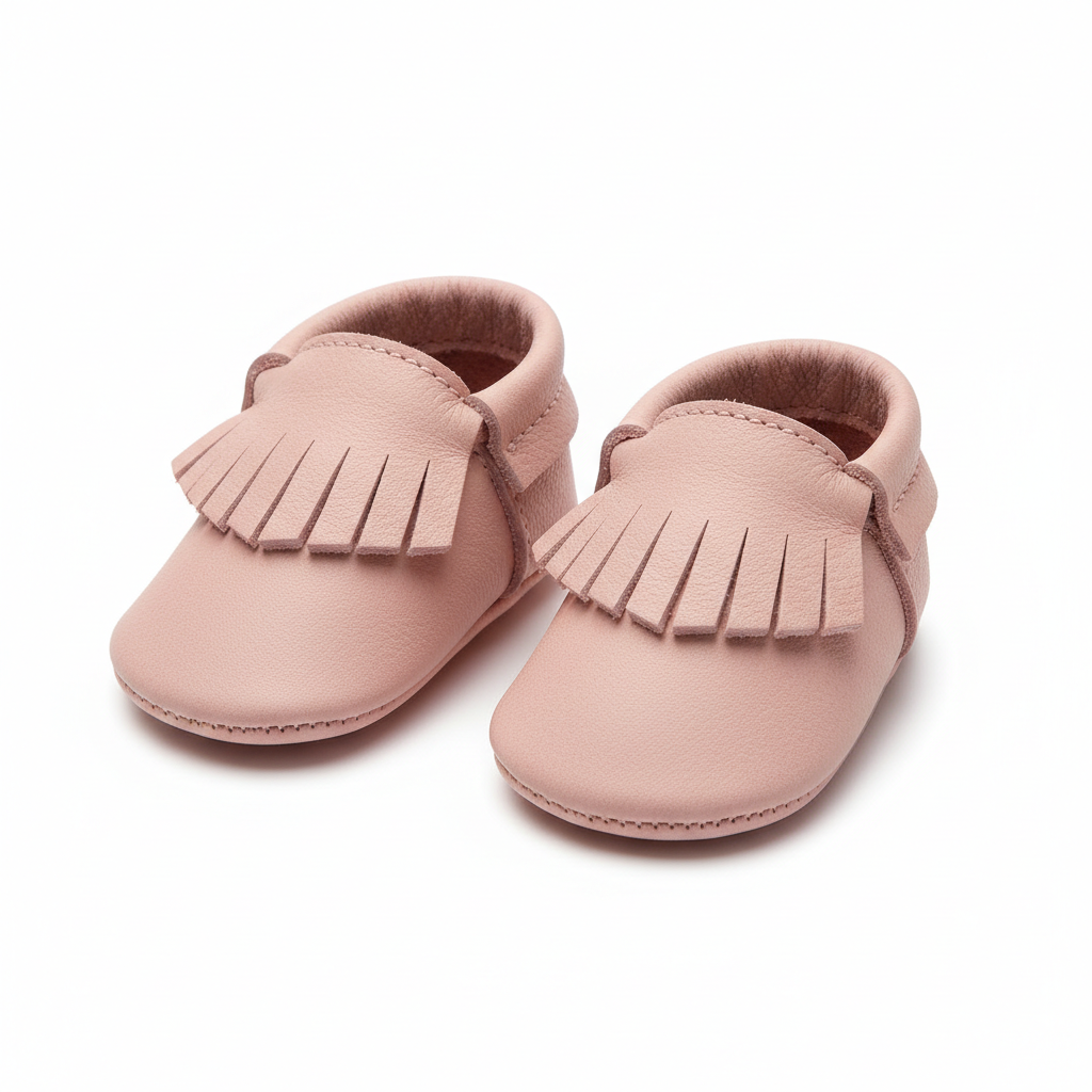 Baby soft-sole leather moccasins in blush pink close-up