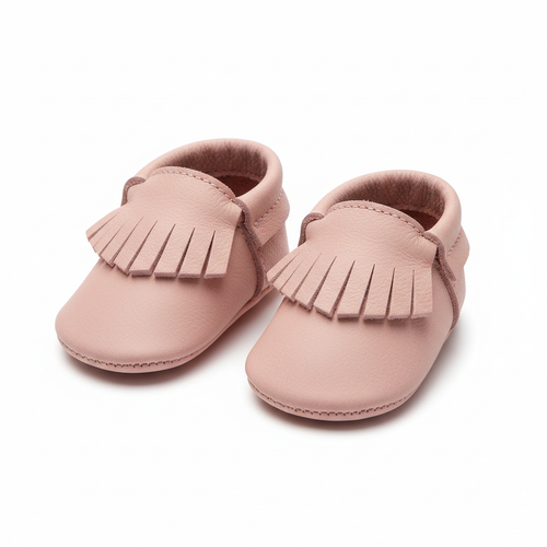 Baby soft-sole leather moccasins in blush pink close-up