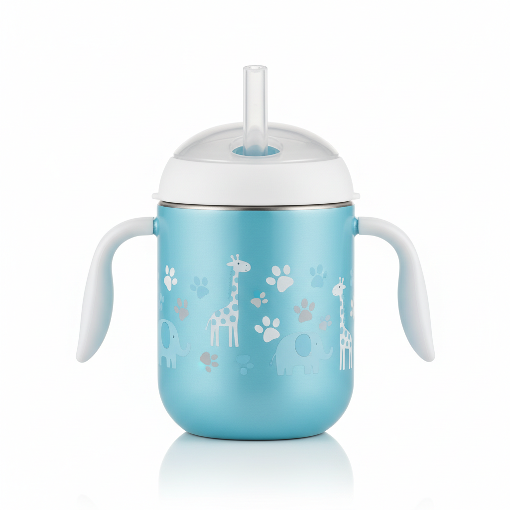 Baby insulated sippy cup in sky blue with animal print design