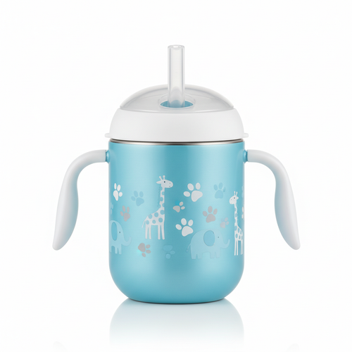Baby insulated sippy cup in sky blue with animal print design
