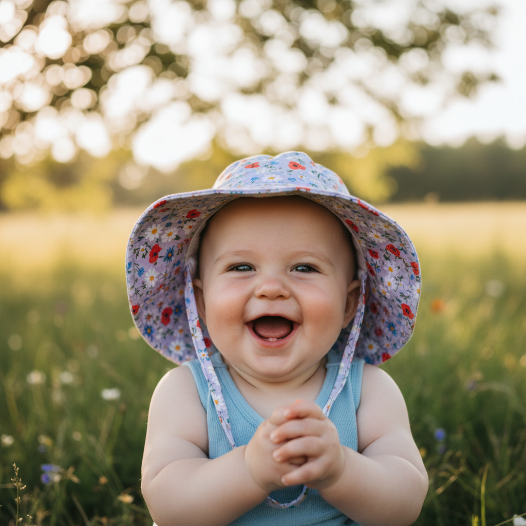 Baby wearing lavender floral sun hat outdoors in natural light